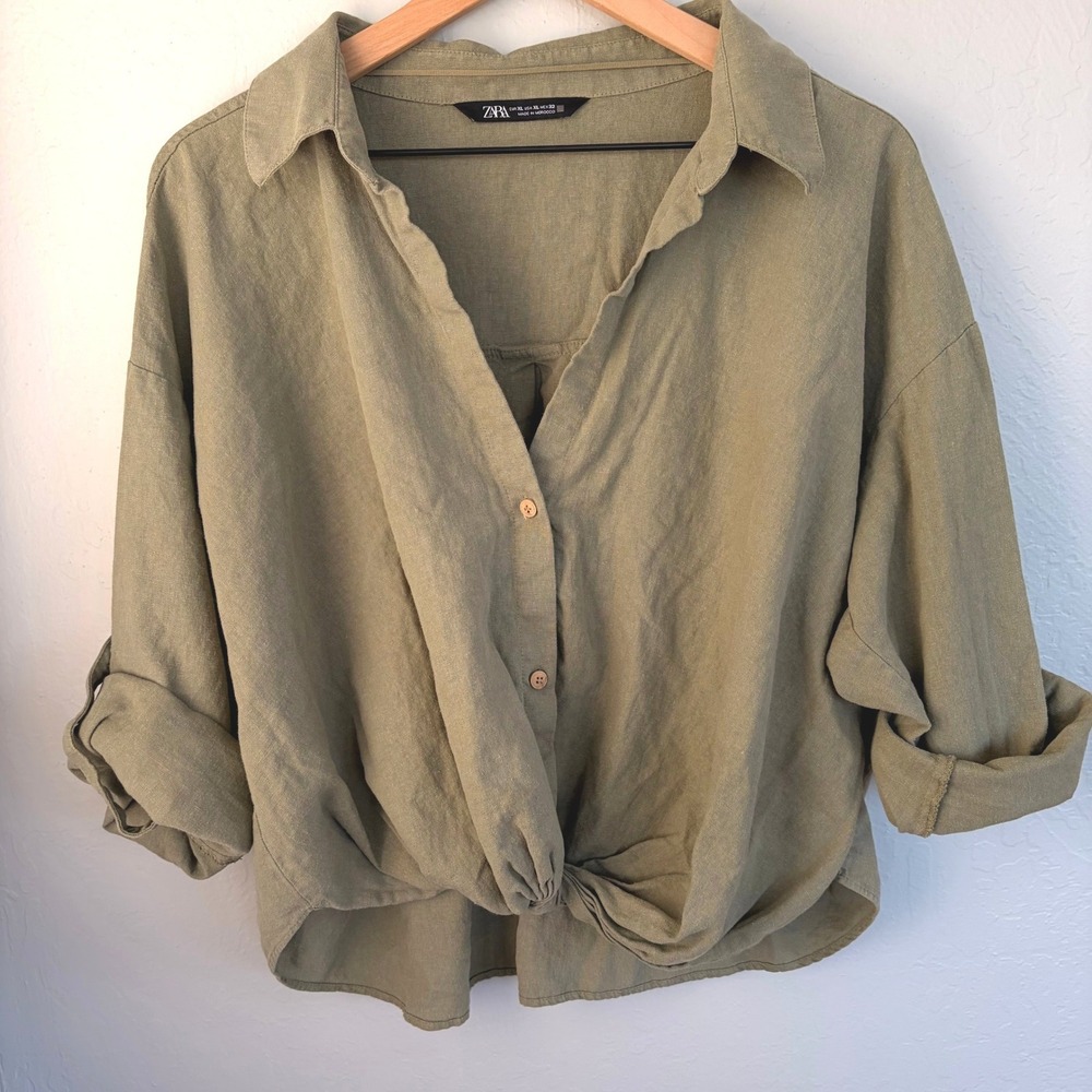 Zara Womens Blouse XL Olive Green Twist Front Linen Blend